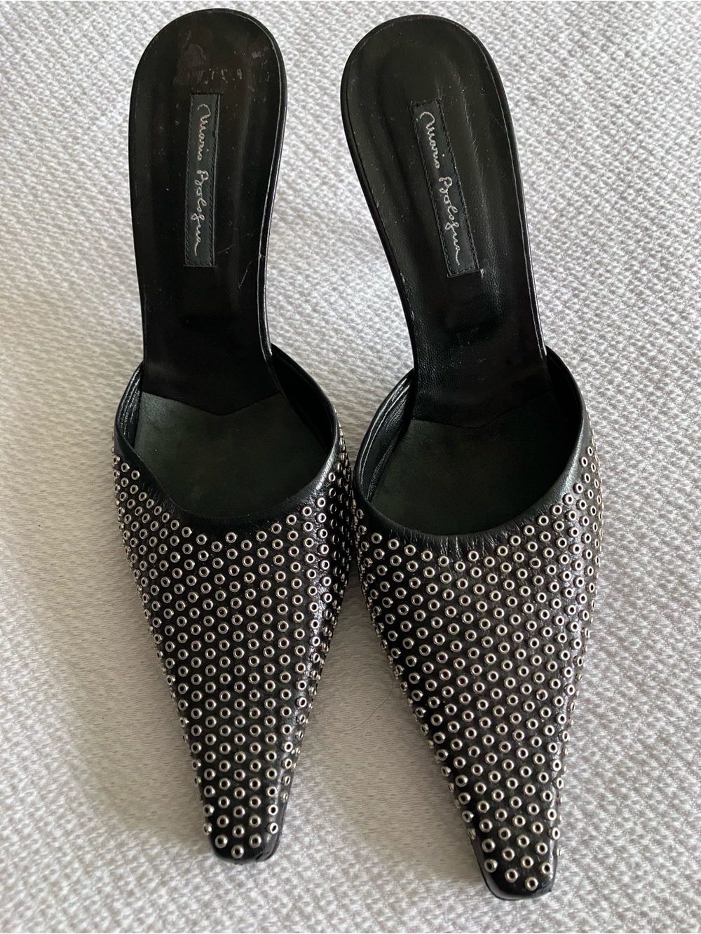 Mario Bologna Black Pointed Slip-On Mules with Silver grommet Studs